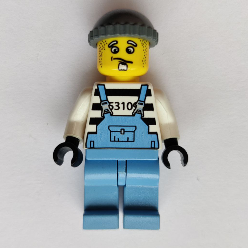 Lego Criminal, Medium Blue Overalls over Prison Shirt