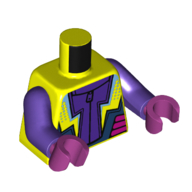 Lego Torso, Dark Purple/Neon Yellow/Dark Blue/Magenta Racing Suit print, Dark Purple Arms, Magenta Hands / Vibrant Yellow