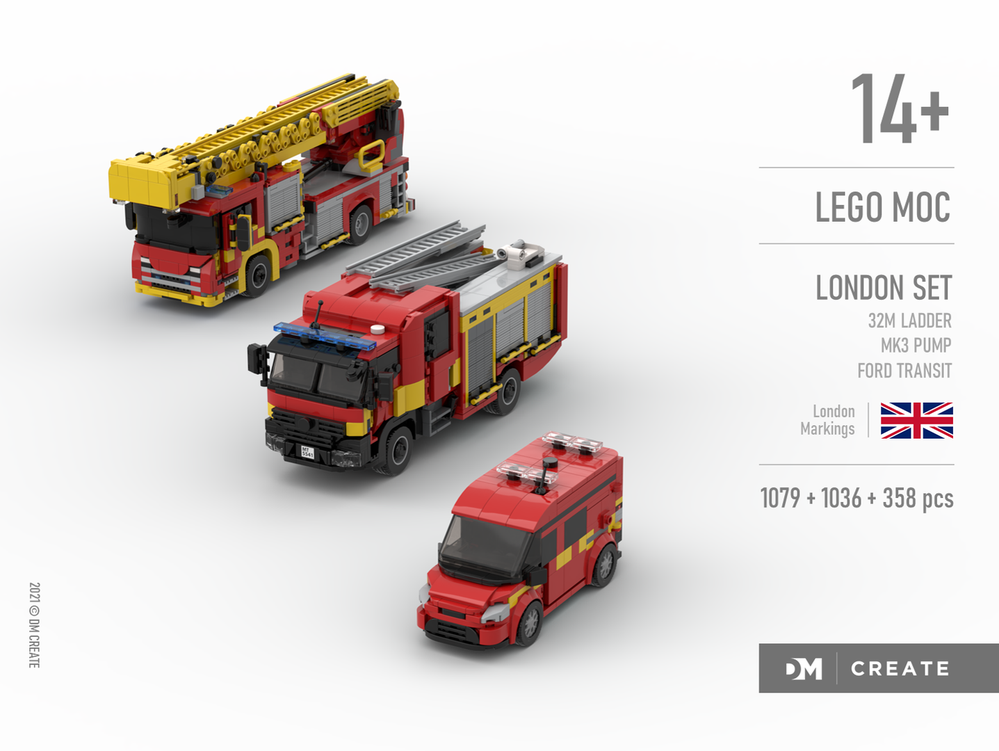 Lego London set - Scania 32M ladder + Mk3 pump ladder + Ford Transit FIT