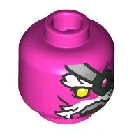 Minifig Head 100-eyed Demon, Big White Eyebrows, Moustache, Yellow Right Eye and Dark Pink Left Eye with Closed Mouth / Dark Green Eyepatch with Silver Strap and Open Mouth Print / Dark Pink