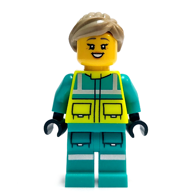 Lego Paramedic, Vibrant Yellow Safety Vest, Dark Turquoise Legs, Dark Tan Hair