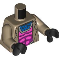 Lego Torso Coat, Magenta Armor, Muscles, Silver Trim, Dark Azure Shirt print, Dark Tan Arms, Black Hands / Dark Tan