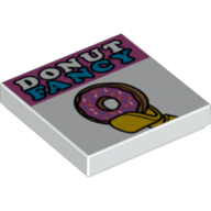 Lego Tile 2 x 2 with 'DONUT FANCY' and Doughnut in Minifig Hand Print / White