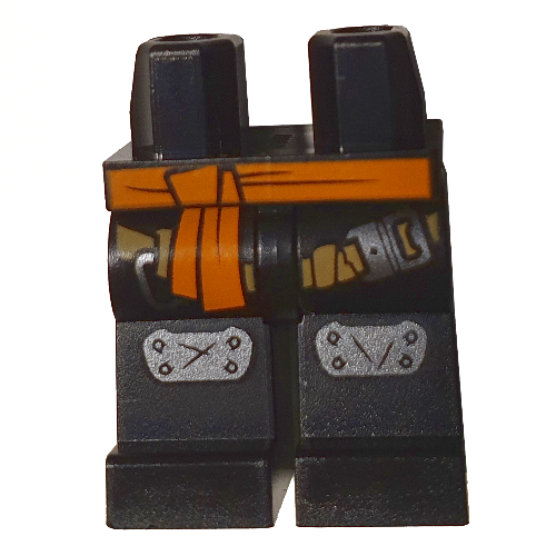 Lego Hips and Black Legs with Orange Sash, Dark Bluish Grey Knee Pads, Tan Strap print / Black
