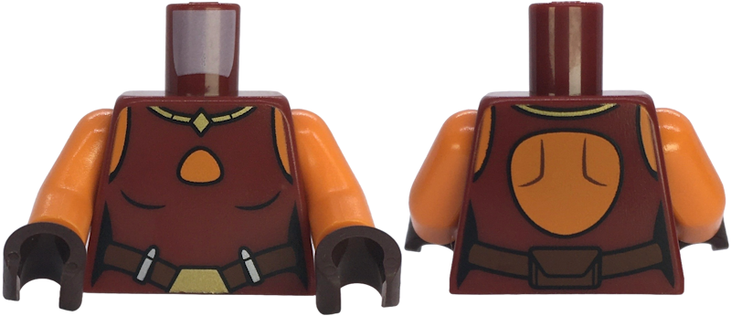 Lego Torso SW Ahsoka Vest Top with Hole, Reddish Brown Belt, Gold Buckle and Necklace Pattern / Orange Arms / Dark Brown Hands