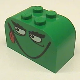 Brick Curved 2 x 4 x 2 Double with Smiling Monster Face with Tongue Print / Green