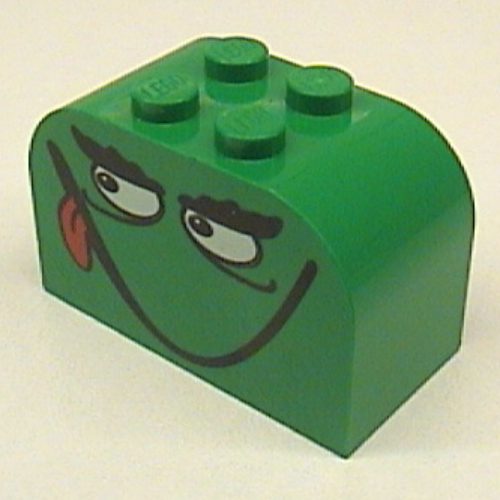 Lego Brick Curved 2 x 4 x 2 Double with Smiling Monster Face with Tongue Print / Green
