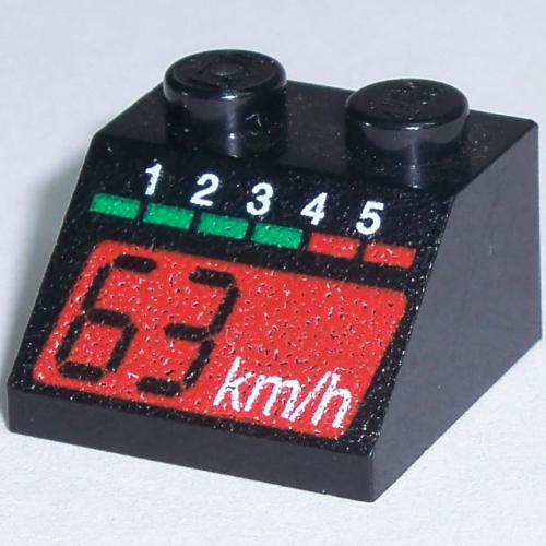 Lego Brick Sloped 45° 2 x 2 with Tachometer and a Red '63 km/h' Print / Black