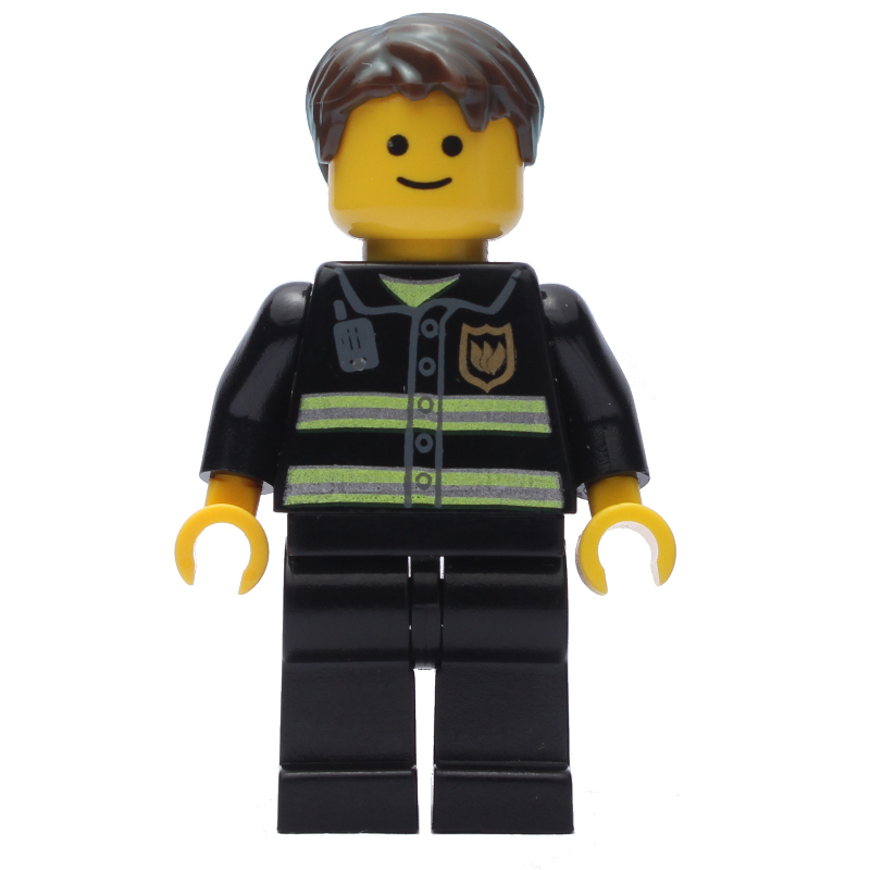 Lego Fire Fighter, Black Torso, Black Legs, Dark Brown Hair