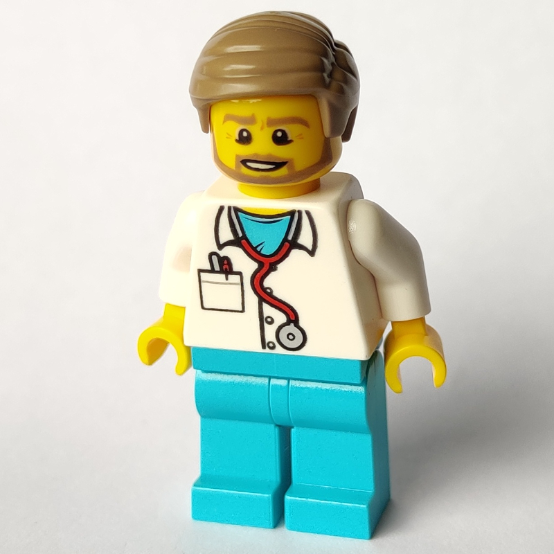 Lego Doctor Tuck, White Shirt over Medium Azure Scrubs with Stethoscope and Pocket, Dark Tan Hair, Beard