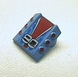 Brick Sloped 2 x 2 No Studs, with 3 Side Pistons Raised Edges and '80', Red/White/Black/Blue Print / Medium Blue