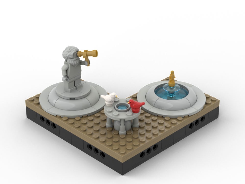 Lego Modular Park/Garden - bird bath, statue of astronomer and well with small statue
