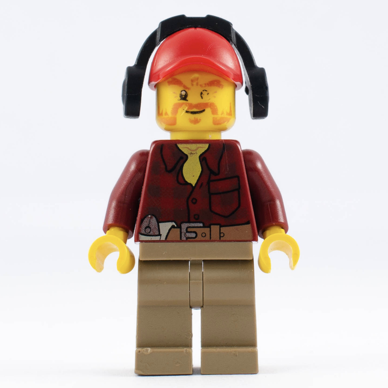 Lego Lumberjack, Dark Red Flannel Shirt, Red Cap with Ear Defenders, Beard