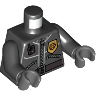 Lego Torso Leather Jacket, Gold Police Badge, Radio, Belt / 'POLICE' Print on Back Print, Black Arms, Dark Bluish Gray Hands / Black