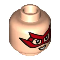 Minifig Head Firestar, Red Eyemask, Peach Lips, Smile / Angry Print / Light Nougat