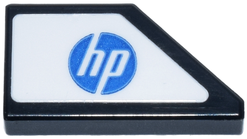 Lego Tile, Modified 1 x 2 Wedge Left with Blue Circle 'hp' Logo on White Background Pattern (Sticker) - Set 77242