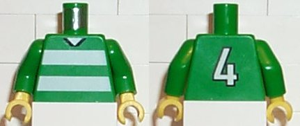 Lego Torso Soccer Uniform Shirt with White Horizontal Stripes, Neck, and Number  4 on Back Pattern / Green Arms / Yellow Hands