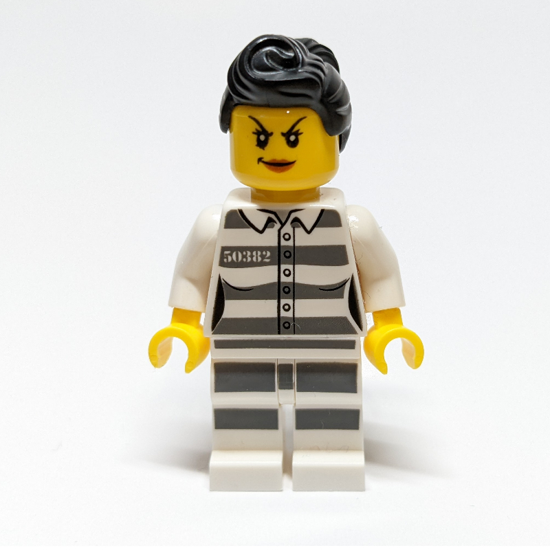 Lego Criminal, Woman, Prison Shirt with #50382, Black Hair