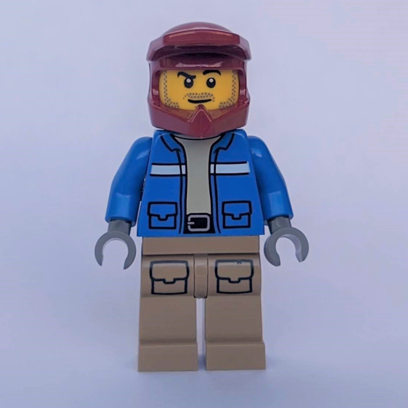 Lego Man, Blue Jacket, Dark Red Dirt Bike Helmet