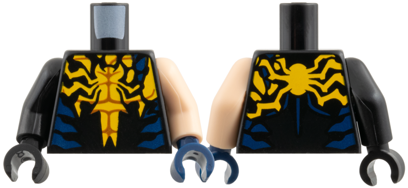 Lego Torso Wolverine Yellow Shirt with Reddish Brown Muscle Contours, Dark Blue Side Panels, Black Symbiote Covering, Spider Shape Relief Pattern / Light Nougat Arm Left / Black Arm Right / Dark Blue Hand Left / Black Hand Right