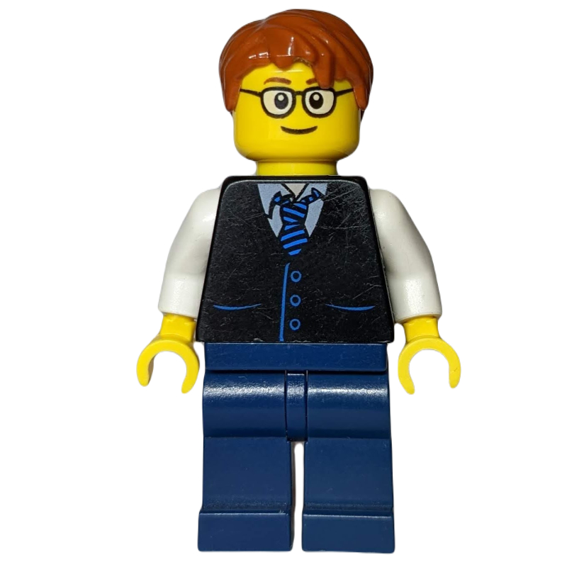 Lego Black Torso, Dark Blue Legs, Dark Orange Hair - Rounded Glasses