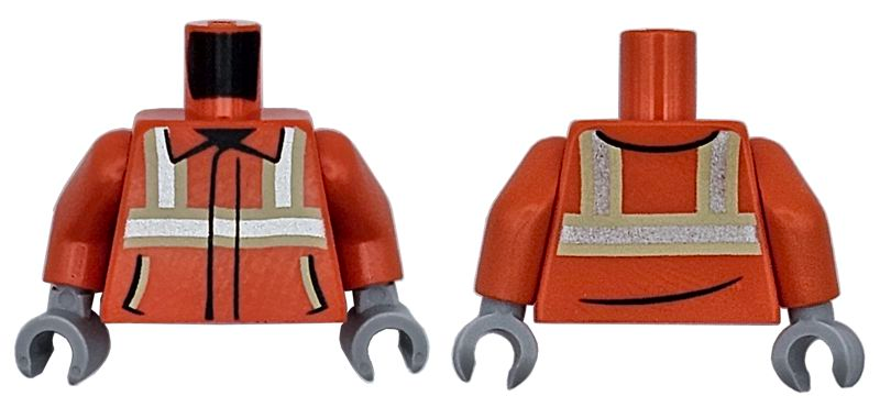 Lego Torso Safety Jacket with Bright Light Yellow and Silver Reflective Stripes and Black Trim and Pockets Pattern / Reddish Orange Arms / Light Bluish Gray Hands