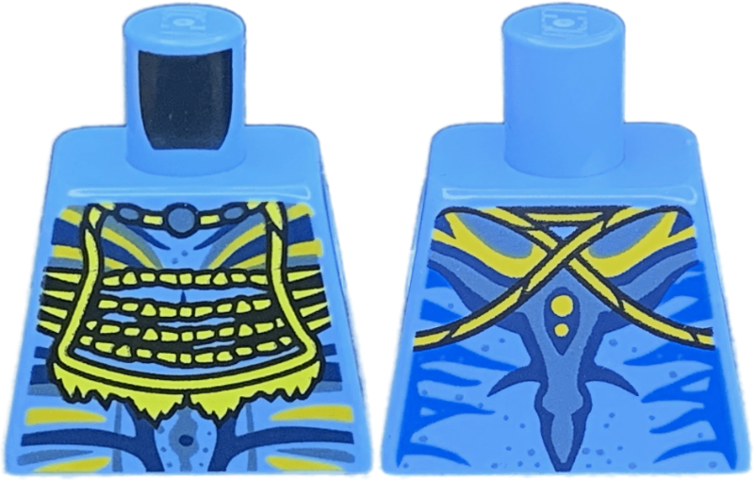Lego Torso Na'vi with Blue Markings, Yellow Tribal Vest, Silver Spots, and Bright Light Orange and Dark Blue War Paint Pattern