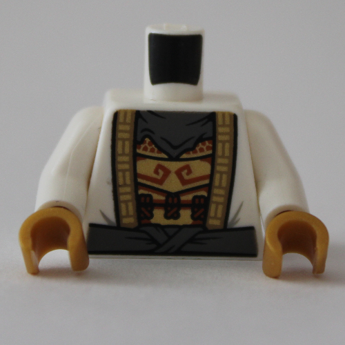Lego Torso Robe, Gold Trim, Open Over Ornate Undershirt, Dark Bluish Gray Belt print, White Arms, Pearl Gold Hands / White