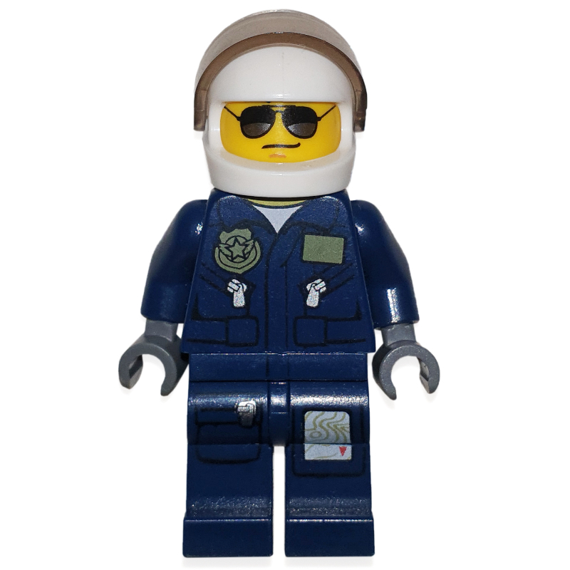 Lego Policeman, Dark Blue Jacket with Pockets and Badge, White Helmet with Visor, Sunglasses