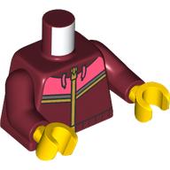Lego Torso, Hoody, Coral Laces, Coral/Dark Bluish Grey, Bright Light Orange Stripes print, Dark Red Arms, Yellow Hands / Dark Red