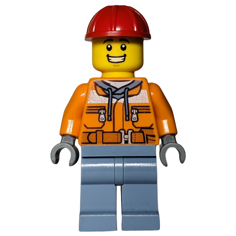 Lego Construction Worker, Safety Jacket over Hoodie with Belt, Sand Blue Legs, Red Hard Hat