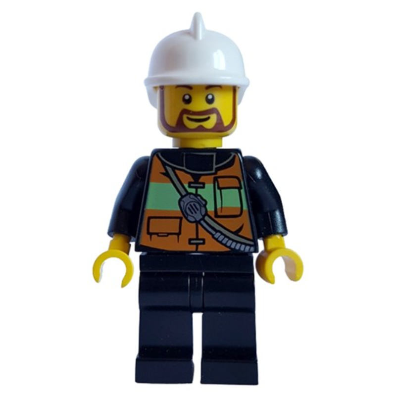 Lego Fireman with Reflective Stripe Vest with Pockets and Radio on Shoulder Strap, White Fire Helmet, and Beard