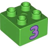 Duplo Brick 2 x 2 with Lavender '3' Print / Bright Green
