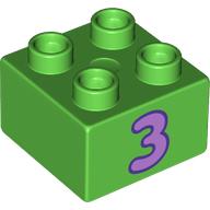 Lego Duplo Brick 2 x 2 with Lavender '3' Print / Bright Green