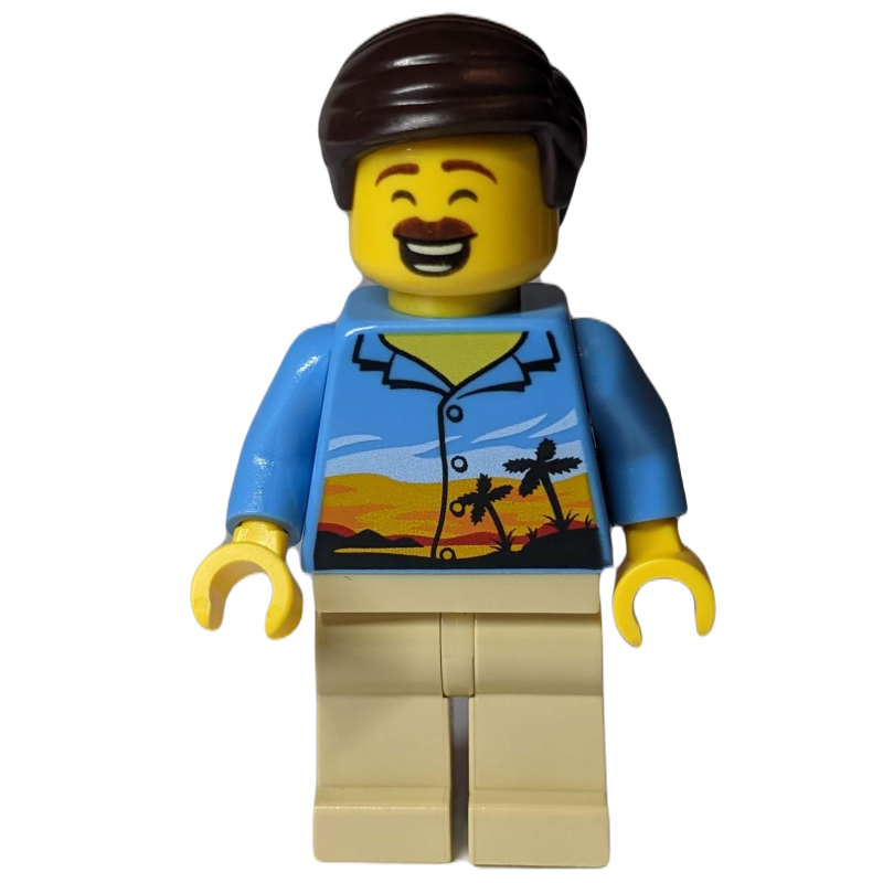 Lego Man, Medium Blue Shirt with Palm Trees and Sunset, Tan Legs, Dark Brown Hair, Moustache