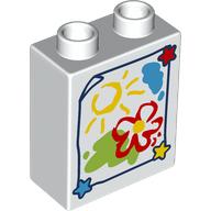Lego Duplo Brick 1 x 2 x 2 with Bottom Tube with Childs Drawing of a Flower and Sun Print / White
