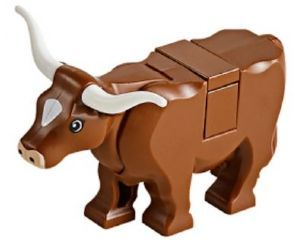 Lego Cow with Light Nougat Muzzle and White Spot on Head Pattern with Long Horns (Tile on Top)