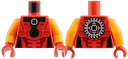 Torso Black Collar, Circle, X in Light Bluish Gray Circle, Dark Red Panel Lines, Gear on Back Pattern / Orange Arms / Red Hands