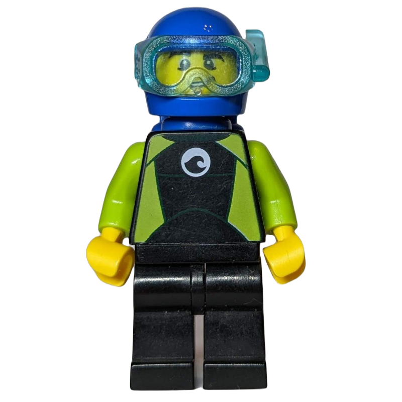 Lego Diver, Man, Black and Lime Wetsuit, Blue Helmet and Mask