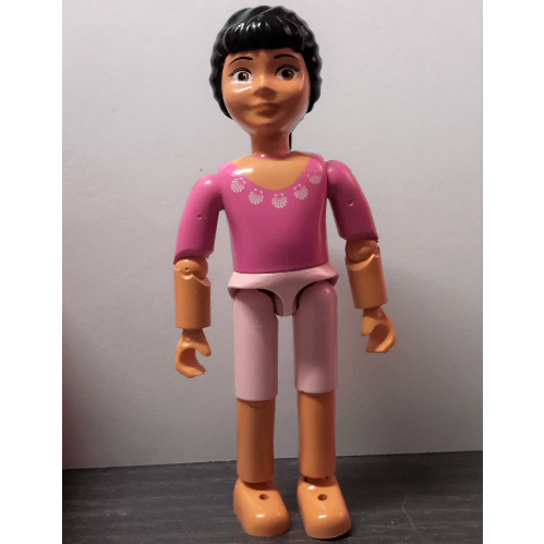 Lego Belville Figure Articulated Elbows, Child, Female, Black Hair, Pink Short Pants, Dark Pink Top with Shells Print / [No Color/Any Color]