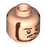 Lego Minifig Head Qui-Gon Jinn, Dark Brown Eyebrows, Moustache, Beard, Dark Bluish Grey Streaks, Wrinkles, Closed Mouth / Angry Open Mouth Print / Light Nougat
