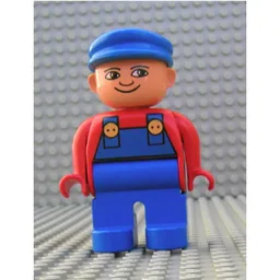 Duplo Figure, Early, with Flat Cap Blue, Blue Legs, Blue Overalls, Turned Down Nose Print / Red