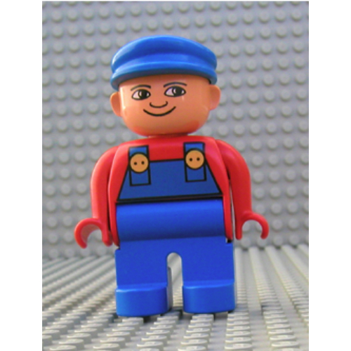 Lego Duplo Figure, Early, with Flat Cap Blue, Blue Legs, Blue Overalls, Turned Down Nose Print / Red