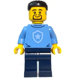 Police Officer, Sweater with Police Badge, Black Hair, Goatee and Hearing Aid