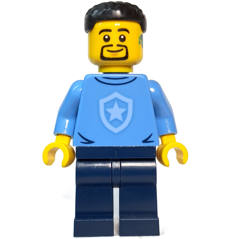 Lego Police Officer, Sweater with Police Badge, Black Hair, Goatee and Hearing Aid
