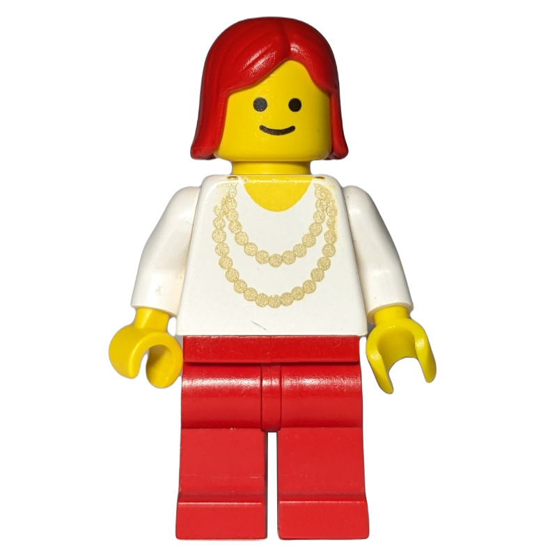 Lego Woman, White Shirt with Gold Necklace, Red Legs, Red Hair (3626a Head)