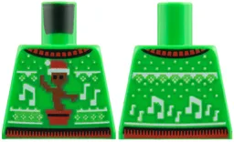Torso Knit Fair Isle Holiday Sweater with Reddish Brown Baby Groot Wearing Red Santa Hat and White Music Notes Pattern / Bright Green