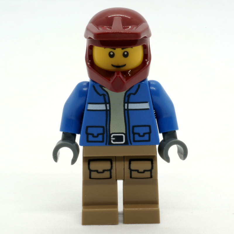 Lego Man, Blue Jacket, Dark Red Dirt Bike Helmet, Smile