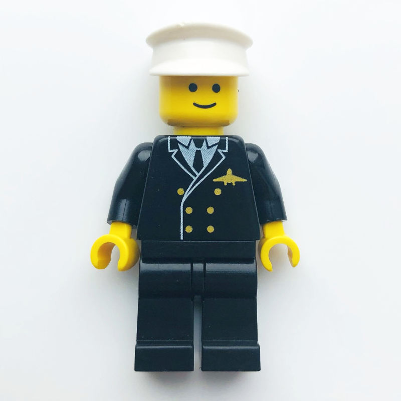 Lego Pilot, Black Suit with Tie and Airplane Badge, White Hat