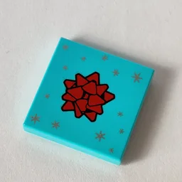 Tile 2 x 2 with Red Ribbon, Silver Stars Print / Medium Azure
